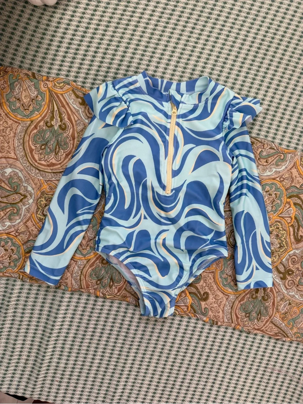 wonder nation Blue & Light Blue Swirl Long-Sleeve One-Piece Swimsuit 2T